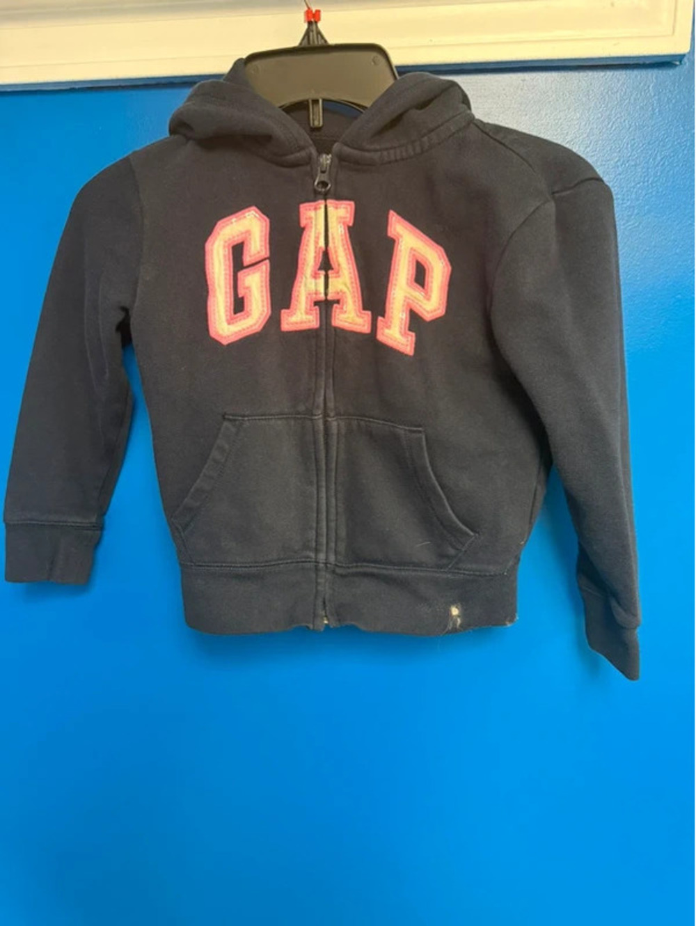 GAP Kids Size S (6-7) Navy Pink Applique Arch Logo Full Zip Hoodie Sweatshirt
